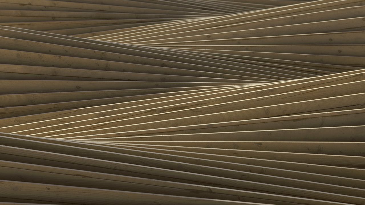 Abstract wooden structure with overlapping beams creating an intricate geometric pattern.