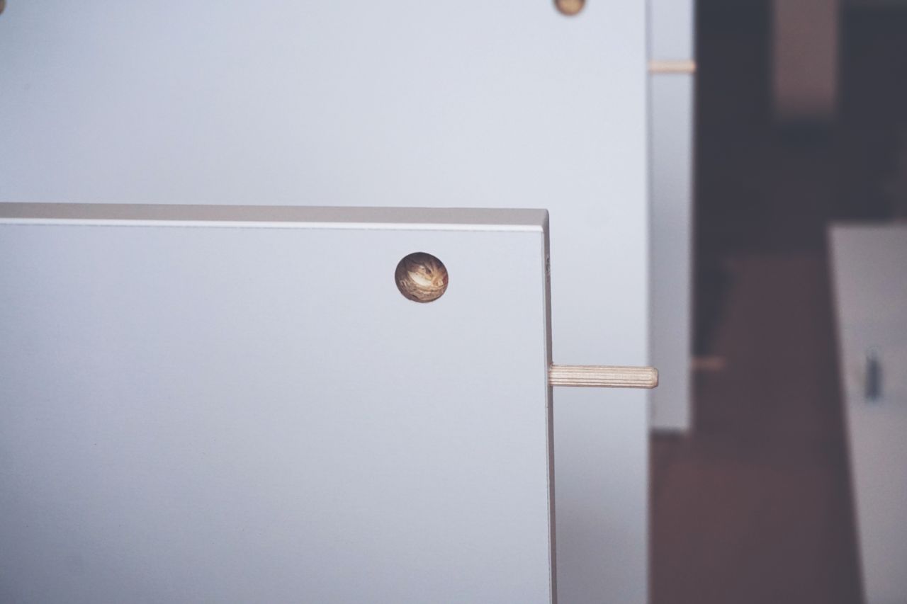 Macro shot of wooden board with dowel pin for furniture assembly.
